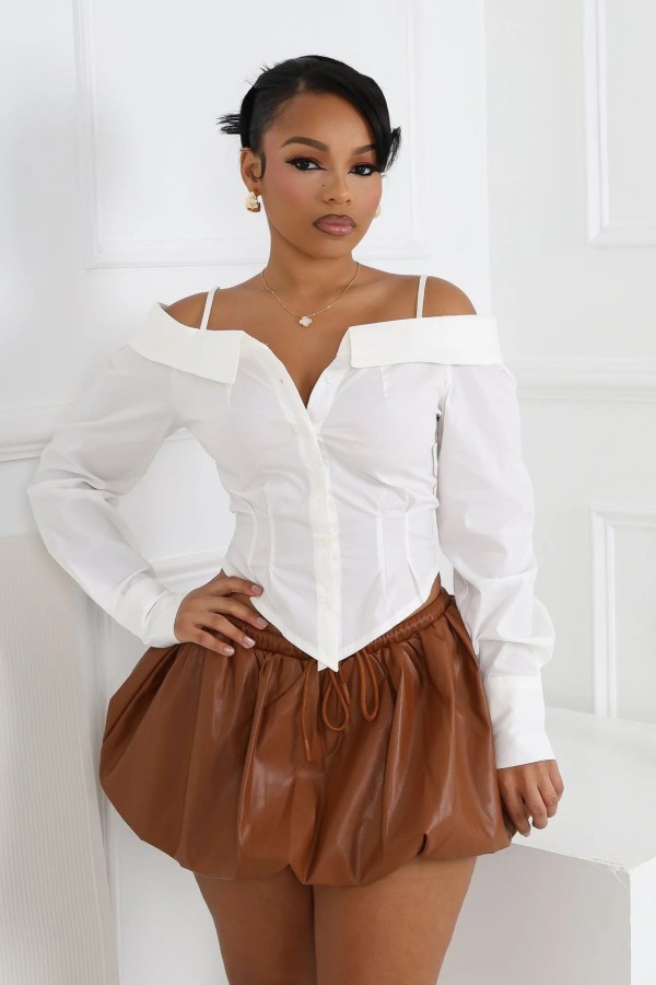 Lapel Long Sleeve Off Shoulder Shirts OLYF-6190
