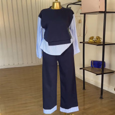 Patchwork Stripe Tops Two Piec Pants Set GCNE-72425
