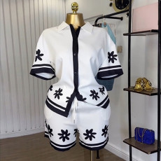 Lapel Color Block Shirt Shorts 2 Piece Set GCNE-72843