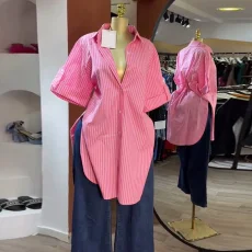 Stripe Short Sleeve Midi-lenght Shirt GCNE-72938