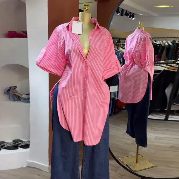 Stripe Short Sleeve Midi-lenght Shirt GCNE-72938