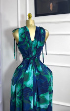 Print V Neck Drawstring Maxi Dress GMSF-9247