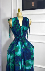 Print V Neck Drawstring Maxi Dress GMSF-9247