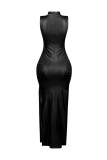 Sleeveless PU Leather Split Maxi Dress OLYF-6191