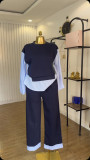 Patchwork Stripe Tops Two Piece Pants Set GCNE-72425