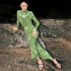 Print Long Sleeve Slim Maxi Dress XEF-K25D76503