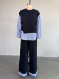 Patchwork Stripe Tops Two Piece Pants Set GCNE-72425