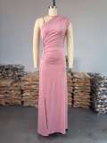 Single Shoulder Solid Color Maxi Dress GCNE-72610