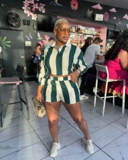 Stripe Long Sleeve Shirt Two Piece Shorts Set GSXK-SX0504