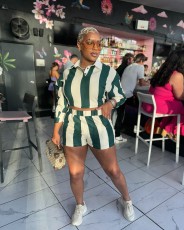 Stripe Long Sleeve Shirt Two Piece Shorts Set GSXK-SX0504