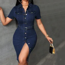 Retro Breasted Denim Midi Dress GDAM-218733
