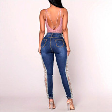 Lace Hollow Out Patchwork Jeans GXJF-25554