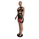 Sexy Print Hollow Out Tie Up Mini Dress GCNF-0121