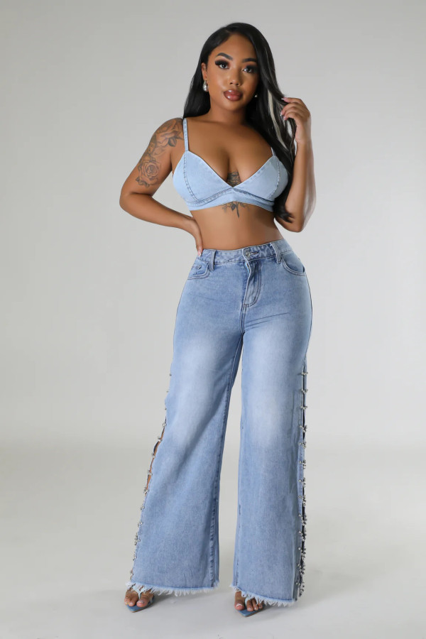 Split Metal Chain Diamond Straight Jeans LSD-2522