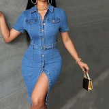 Retro Breasted Denim Midi Dress GDAM-218733
