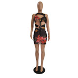 Sexy Print Hollow Out Tie Up Mini Dress GCNF-0121