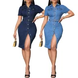 Retro Breasted Denim Midi Dress GDAM-218733