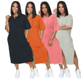 Solid Color Short Sleeve Midi Dress GCNF-0109