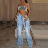 Split Metal Chain Diamond Straight Jeans LSD-2522