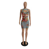 Sexy Print Hollow Out Tie Up Mini Dress GCNF-0121