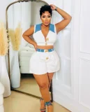 V Neck Color Block Two Piece Shorts Set YRST-T115