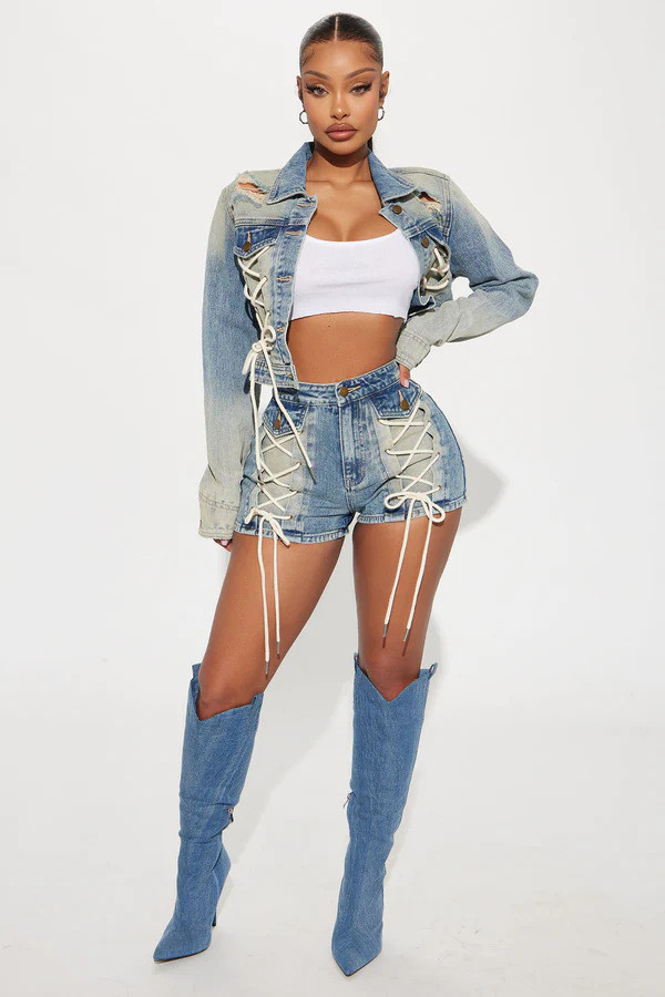 Fashion Denim Drawstring Tie Up Short Suit YRST-T073