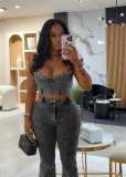 Print Wrap Chest Tops And Pants Denim Suit YRST-T163