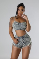 Pearl Diamond Chain Tank Tops Shorts Denim Suit YUMT-YMT353
