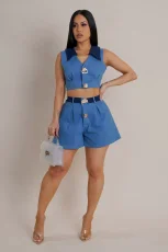 V Neck Color Block Two Piece Shorts Set YRST-T115