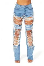Chain Bead Hollow Out Straight Leg Jeans YUMT-YMT323