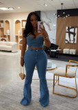 Print Wrap Chest Tops And Pants Denim Suit YRST-T163
