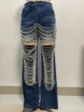 Chain Bead Hollow Out Straight Leg Jeans YUMT-YMT323