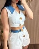 V Neck Color Block Two Piece Shorts Set YRST-T115