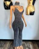 Sling Washed V Neck Denim Jumpsuit(Without Hairband) YRST-T111