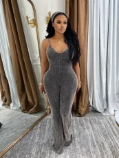 Sling Washed V Neck Denim Jumpsuit(Without Hairband) YRST-T111