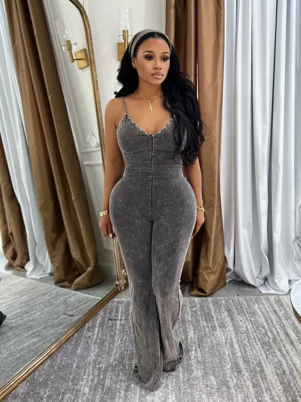 Sling Washed V Neck Denim Jumpsuit(Without Hairband) YRST-T111