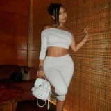 Single Shoulder Sleeve Solid Sport Pants Suit GSZM-C25ST231