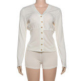 Solid Color Long Sleeve Two Piece Shorts Set XEF-K25S75475