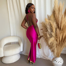 Solid Color Halterneck Sleeveless Maxi Dress CYA-901994