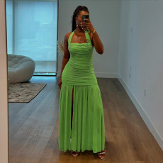 Pleated Halterneck Backless Maxi Dress DLSF-K25D79428