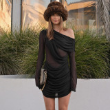Mesh Slash Shoulder Pleated Mini Dress GSZM-D25DS371