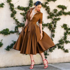 Long Sleeve Solid Color Midi Dress YF-20105