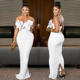 Lace Chest Flower Backless Suspender Maxi Dress BY-7513