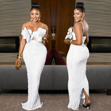 Lace Chest Flower Backless Suspender Maxi Dress BY-7513