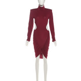 Long Sleeve Backless Pleated Midi Dress XEF-K25D78923