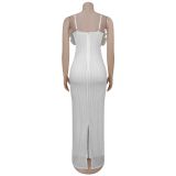 Lace Chest Flower Backless Suspender Maxi Dress BY-7513