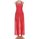 Pleated Halterneck Backless Maxi Dress DLSF-K25D79428