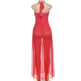 Pleated Halterneck Backless Maxi Dress DLSF-K25D79428