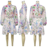 Printed Lantern Sleeve Mini Dress(With Belt) YF-10872