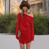 Mesh Slash Shoulder Pleated Mini Dress GSZM-D25DS371